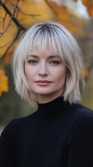 Naklejka premium A woman with blonde hair and bangs wearing a black turtle neck sweater