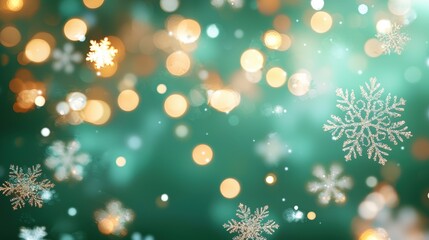 Golden and white bokeh lights with glittering snowflakes on a green background
