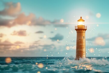 Naklejka premium Beautiful lighthouse standing tall on the coastline illuminating the ocean at dusk with gentle waves and soft clouds in the background, creating a serene atmosphere.