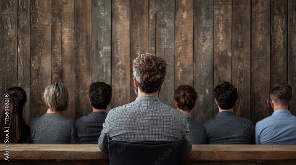Aufkleber rear view of a group of people sitting in a row against a rustic wooden wall in a minimalistic setti