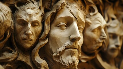 Close-up of intricately carved wooden faces, featuring Jesus Christ centrally.