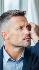 Obraz premium A man in a suit looking out a window with his hand on his head