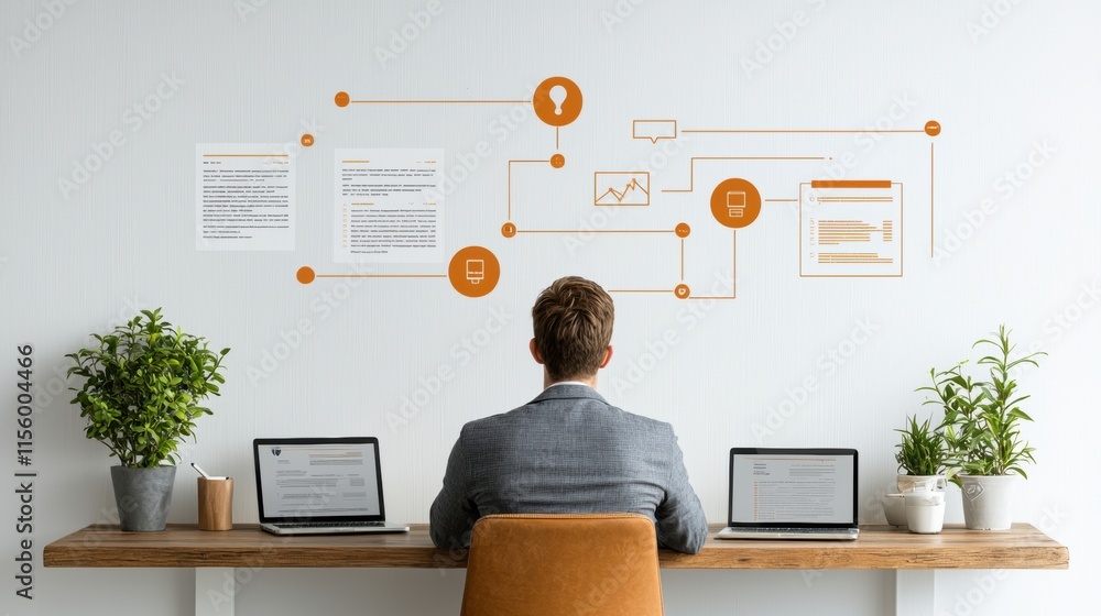 Poster businessman sitting at a desk with multiple laptops analyzing a workflow diagram on a white wall.
