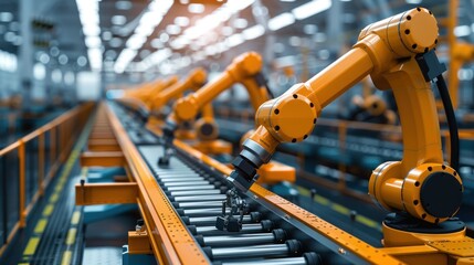 Automated Manufacturing: Orange Robotic Arms on Assembly Line