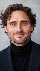 Fototapeta premium A man with curly hair and a black turtle neck sweater