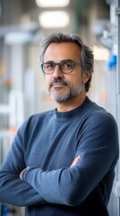 Fototapeta premium A man with glasses standing in a laboratory with his arms crossed
