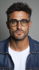 Obraz premium A man wearing a denim jacket and glasses