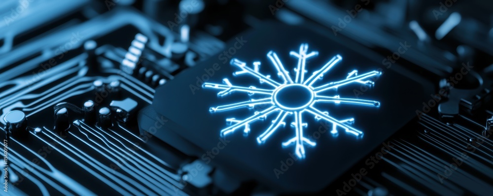 Aufkleber microchip with glowing blue snowflake symbol on a circuit board