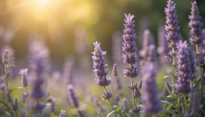 Obraz premium Blooming Lavender Flowers in Soft Focus with Sunlit Background : Generative AI