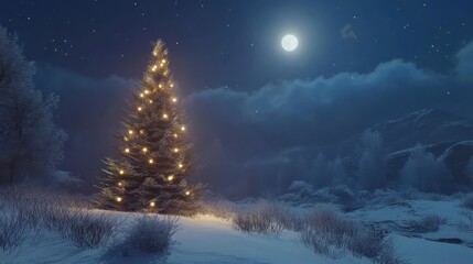Fototapeta premium Christmas tree with lights in a snowy winter landscape at night