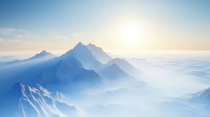 Fototapeta premium view from highland glacier to misty mountains in the rays of dawn