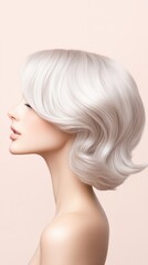 Profile view of a woman with platinum blonde wavy hair against a beige background.
