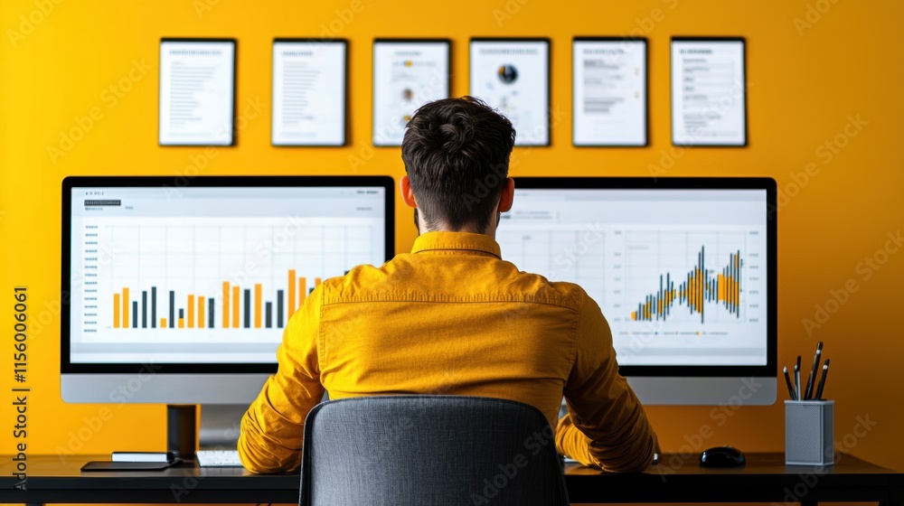 Poster business analyst working with dual monitors showing financial charts and graphs in a modern office w