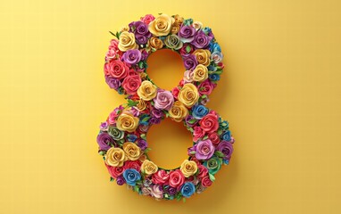 A cheerful number 8 crafted with multicolored roses on a bright yellow background, with 8 March in cursive gold letters