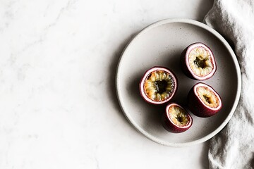 Freshly cut passion fruits on minimalist plate showcase vibrant