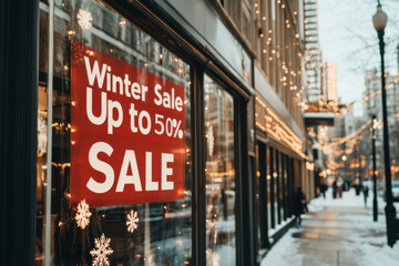 Red sign announcing winter sales displayed on a storefront window, adorned with string lights and snowflakes, creating a festive atmosphere for holiday shopping