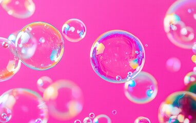 A collection of vibrant soap bubbles floating on a bright pink background