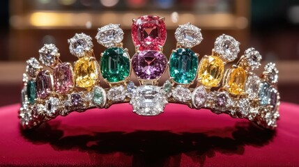 Elegant Tiara with Colorful Gems and Sparkling Diamonds Displayed