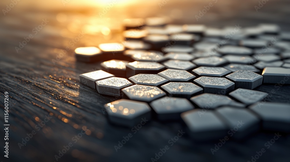 Poster close-up of hexagonal tiles on a textured wooden surface with sunlight reflection. abstract geometri