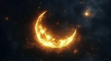 Bright crescent moon against a starry night sky with glowing solar features