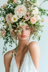 Beautiful woman with floral headpiece posing in soft natural light indoors