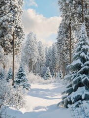 Beautiful snowy landscape in winter forest with pine trees covered with fresh white snow. Cold and sunny winter day in forest. Frosty weather
