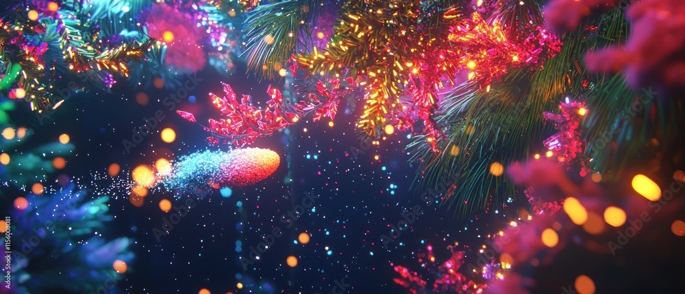 Poster vibrant colorful abstract festive background with glowing particles and bokeh lights.