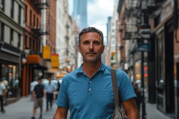 Fototapeta premium Young man stands confidently on urban street in afternoon sunlight