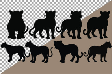 jaguar silhouette of vector black cat, feline, pet animal, kitten or kitty in various poses isolated on white background.