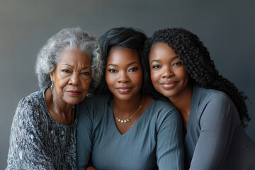 Three generations of Black women embrace showcasing strength beauty and family bonds.