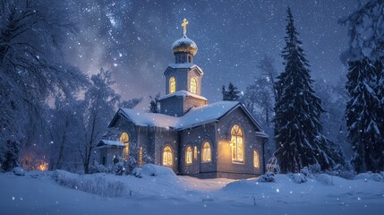 A serene Orthodox church covered in snow, with glowing windows and a starry night sky, capturing the peaceful essence of Christmas Eve