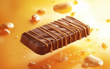 A smooth milk chocolate block with caramel drizzles, hovering on a sunny orange background
