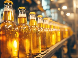A row of beer bottles filled with golden liquid, showcasing a production line in a brewery.