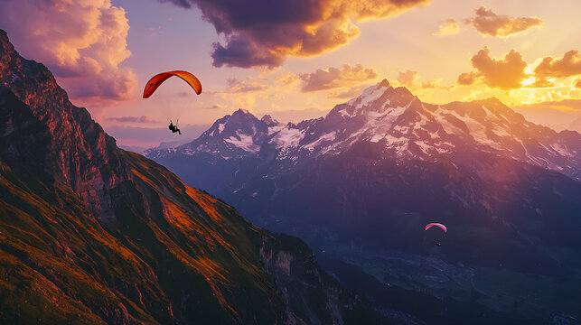 Thrilling paragliding adventure over majestic mountain peaks at sunset - Powered by Adobe