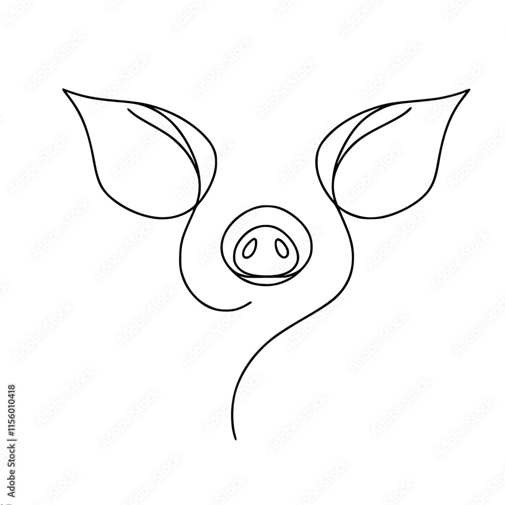 Poster minimalist line art pig sketch with curved features and simple design, single line vector outline dr