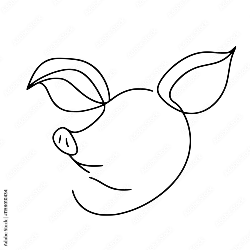 Aufkleber minimalist continuous line drawing of a pig face with large ears, single line vector outline drawing