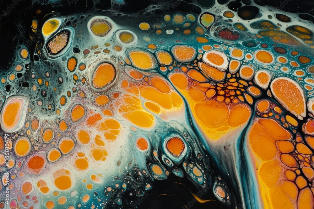 Poster colorful abstract pattern created by swirling paint and bubbles on canvas in vibrant hues