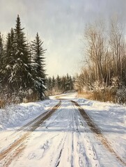 Obraz premium Wintry road. Snow covered gravel road.