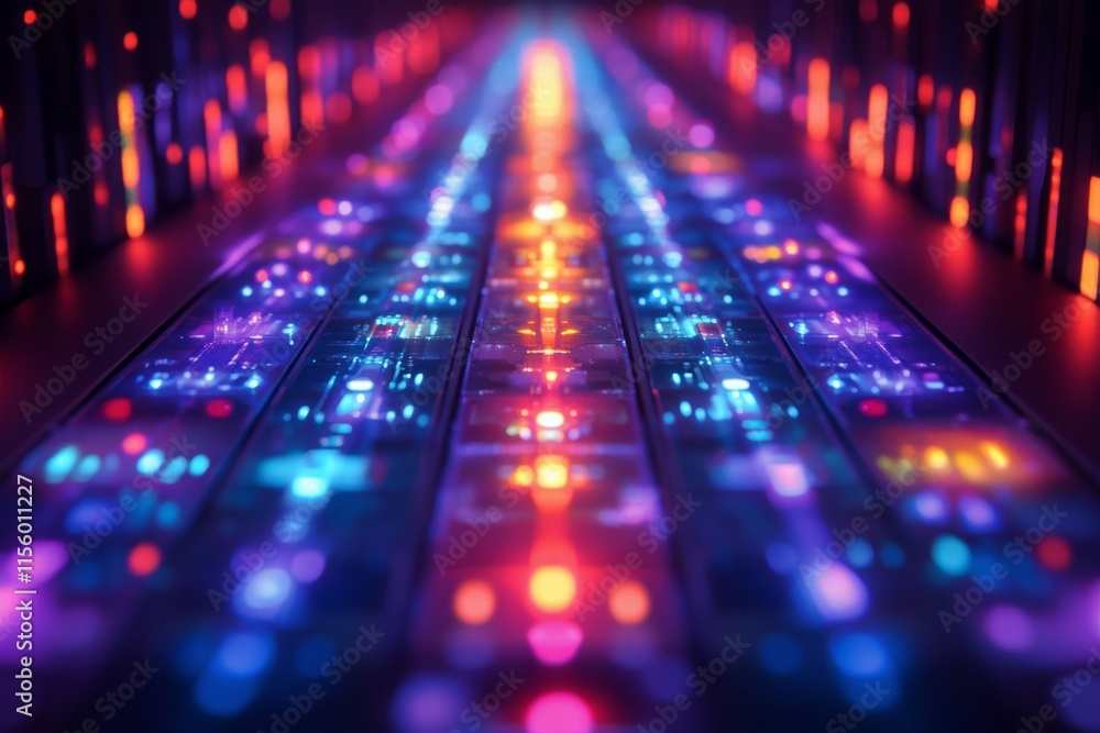 Poster colorful abstract lights display creating a vibrant digital atmosphere in an urban environment