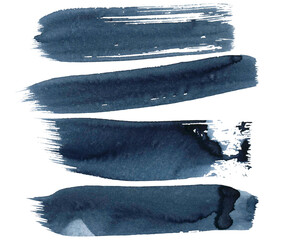 Set of dark blue watercolor brush strokes. Indigo color strokes on the paper texture for posters, banner, template postcard. Abstract Water stains paint for background. Hand drawn ink strokes set