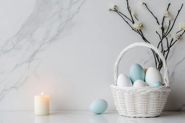 Obraz premium easter home decor, easter basket with dyed eggs and lit candle on a white marble counter in a modern kitchen adjourning the church