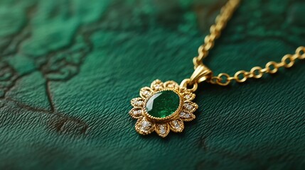 Fototapeta premium Elegant Green Gemstone Pendant with Gold Chain on Dark Background