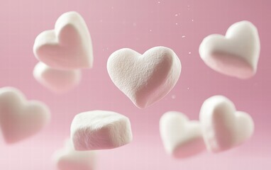 Fototapeta premium Heart-shaped marshmallows floating mid-air against a pale pink background for Saint Valentines Day
