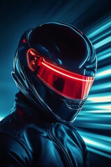 Fototapeta premium Futuristic helmet with neon lights in a dynamic environment at night