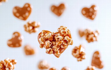 Heart-shaped popcorn clusters with caramel glaze, hovering on a bright white background for Saint Valentines Day