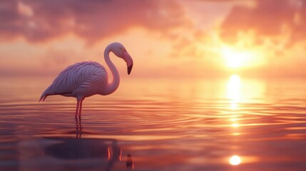Fototapeta premium Elegant Flamingo Standing in Calm Water Under Vibrant Sunset
