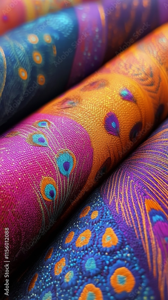 Poster colorful abstract design featuring peacock feathers with vibrant patterns in a dark background