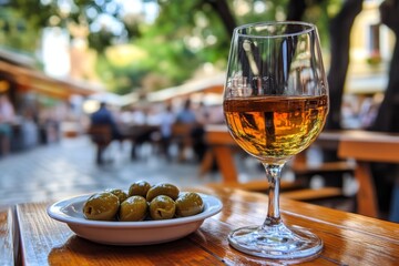 Naklejka premium Outdoor Wine and Olives at a Mediterranean Restaurant