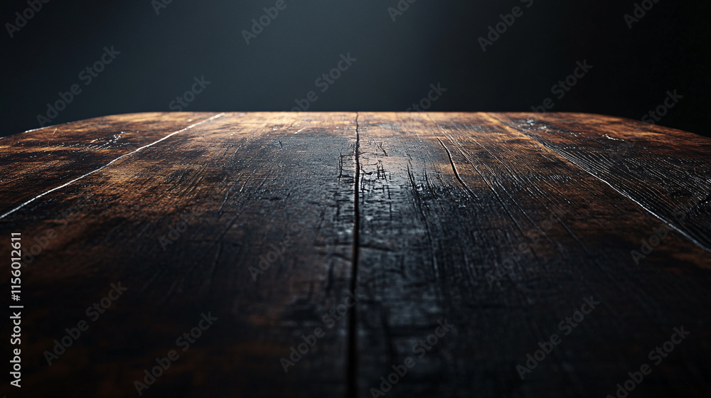 Poster a rustic wooden table with a weathered surface illuminated by soft lighting creating a warm and vint