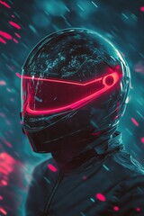 Fototapeta premium Futuristic helmet with neon lights in a dynamic environment at night
